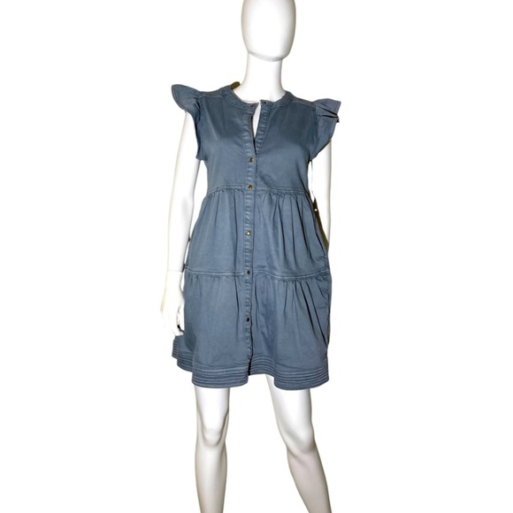 Marie Oliver Neelie Denim Dress Sz XS Gray Pockets Tiered Flutter Sleeves Boho - Picture 1 of 15